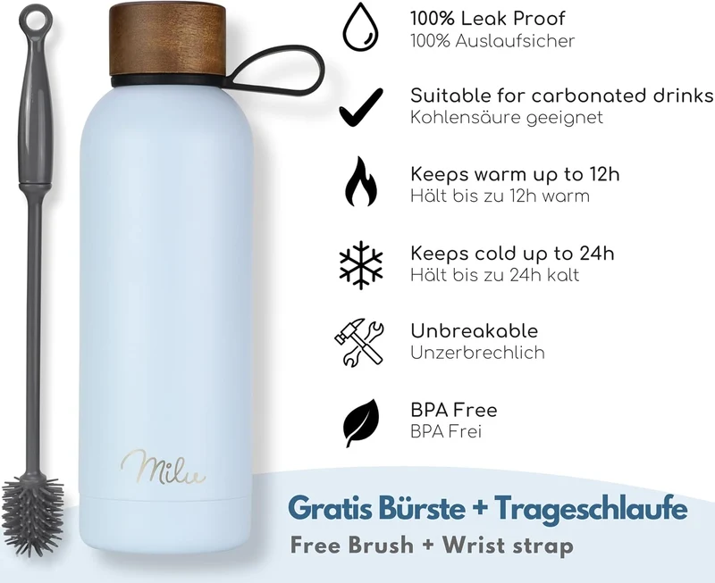 Milu Thermosflasche 750ml Isolierte Edelstahl Thermo Trinkflasche Thermoskanne Auslaufsichere Isolie