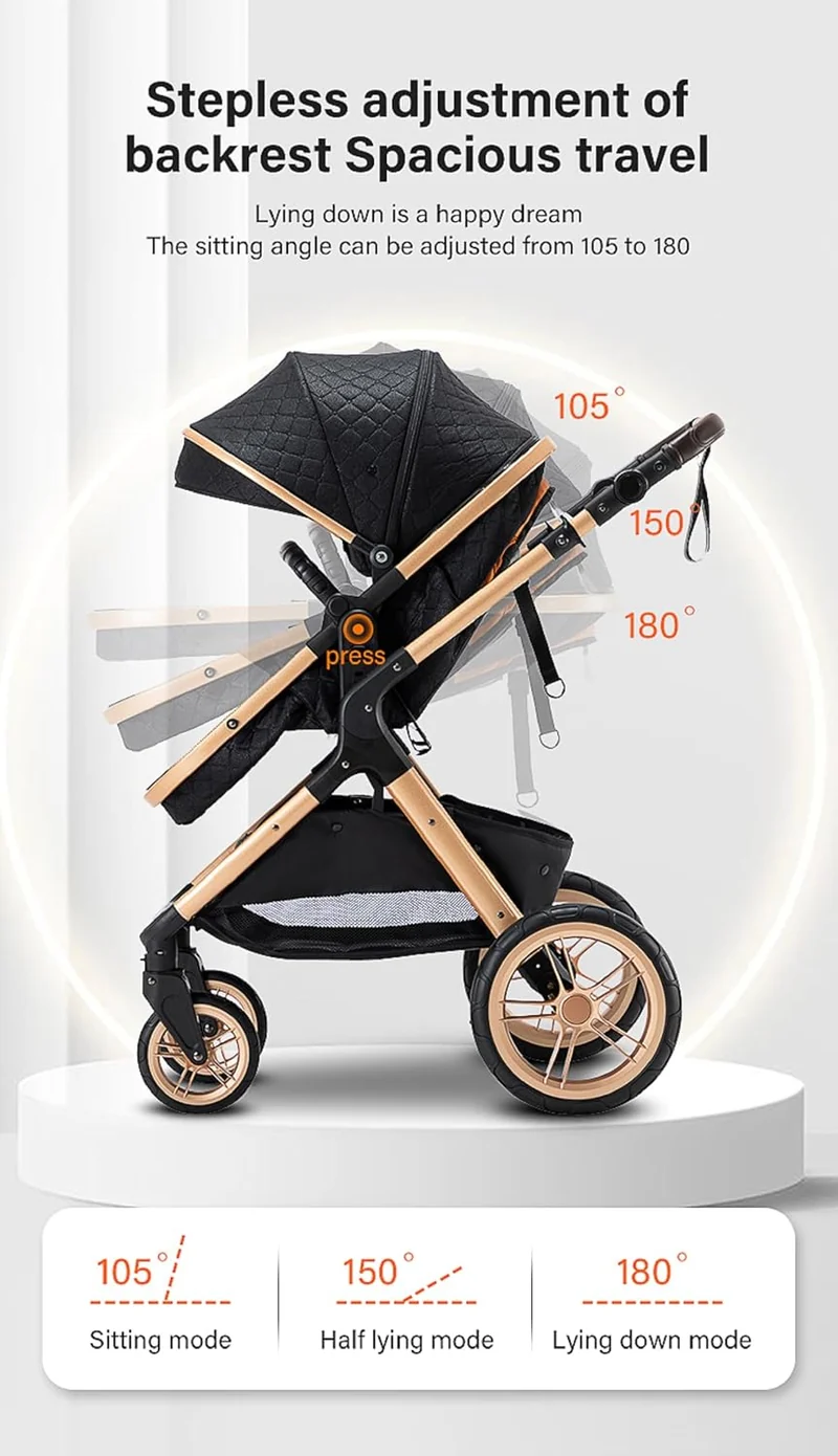 GLOKID Kinderwagen 3 in 1,Reisesysteme, Babywanne Buggy,Voll-Gummireifen,Mit Einem Klick Zusammenkla