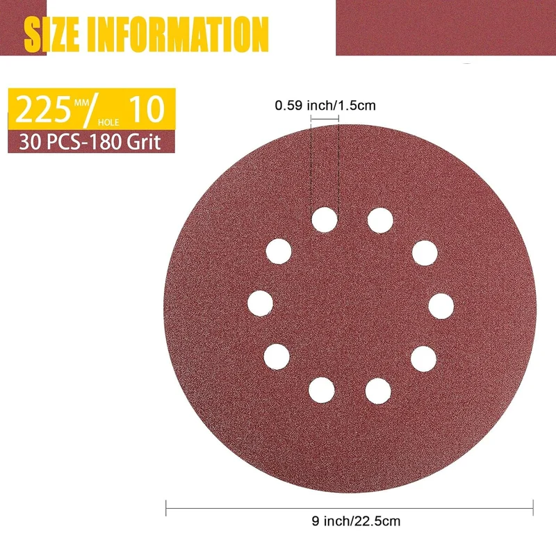 Schleifpapier 225mm Klett, 30 Stück Schleifscheiben 225mm P240 Körnung 10 Loch in Rot für Trockenbau