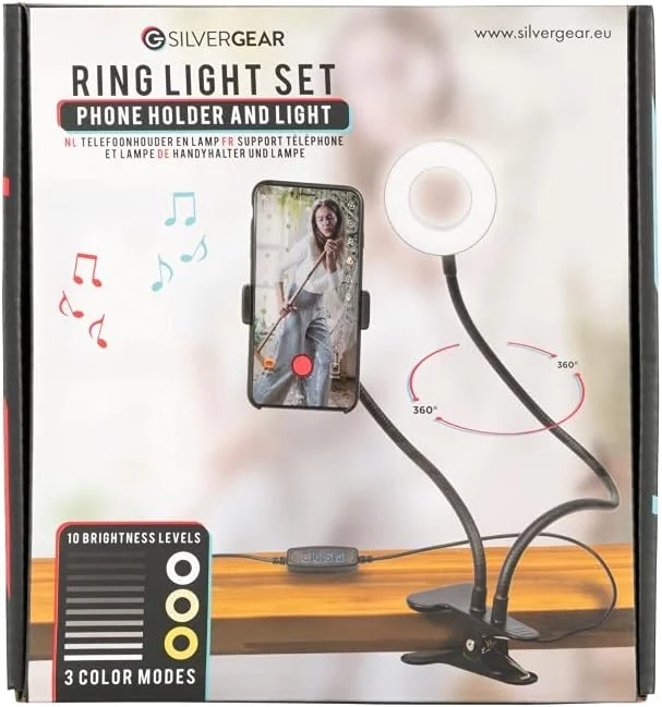 Silvergear Selfie Ringlicht mit Handyhalterung und Befestigungsklammer, LED, Dimmbar, 3 Farben, 10 H