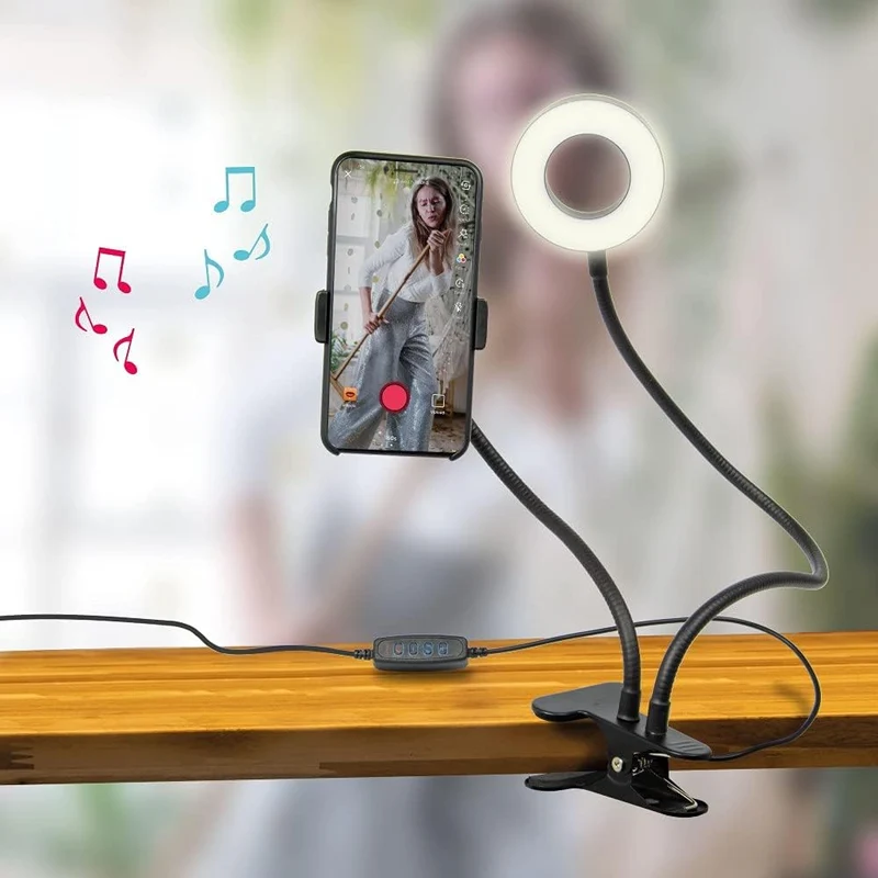 Silvergear Selfie Ringlicht mit Handyhalterung und Befestigungsklammer, LED, Dimmbar, 3 Farben, 10 H