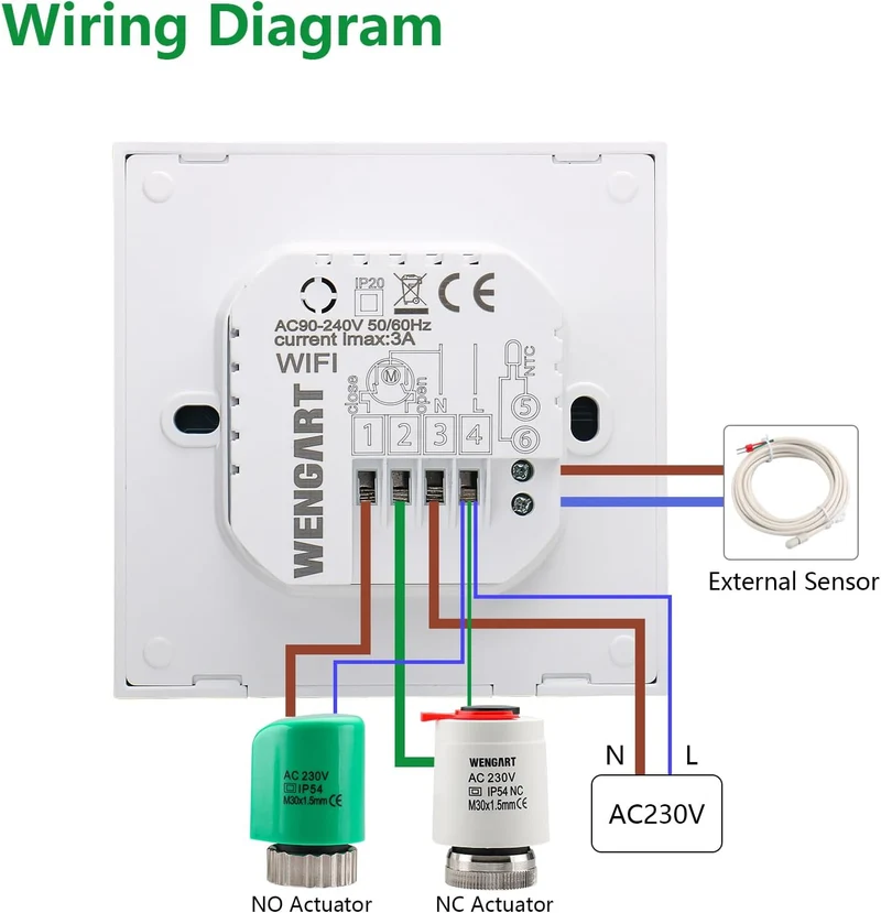 Wengart WiFi Thermostat für Wasser Fussbodenheizung WG611,max 3A Programmierbare Fussbodenheizung Th