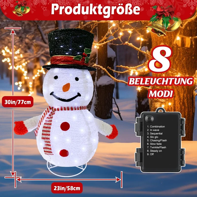 Mini LED Schneemann 77cm Weihnachtsdeko,Beleuchtete Weihnachtsdekorationen Zusammenfaltbar mit 40 LE