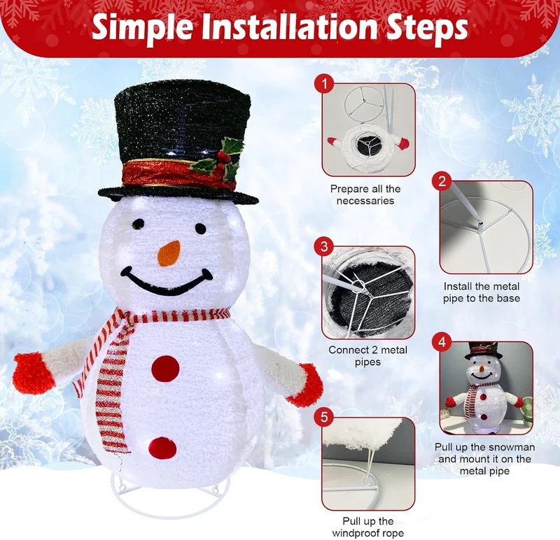 Mini LED Schneemann 77cm Weihnachtsdeko,Beleuchtete Weihnachtsdekorationen Zusammenfaltbar mit 40 LE