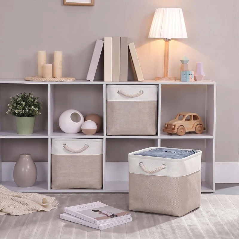 Mangata Aufbewahrungsbox Stoff 28x28x28 cm, aufbewahrungskorb Helles Khaki Weiss, Korbe Stoff in Wür