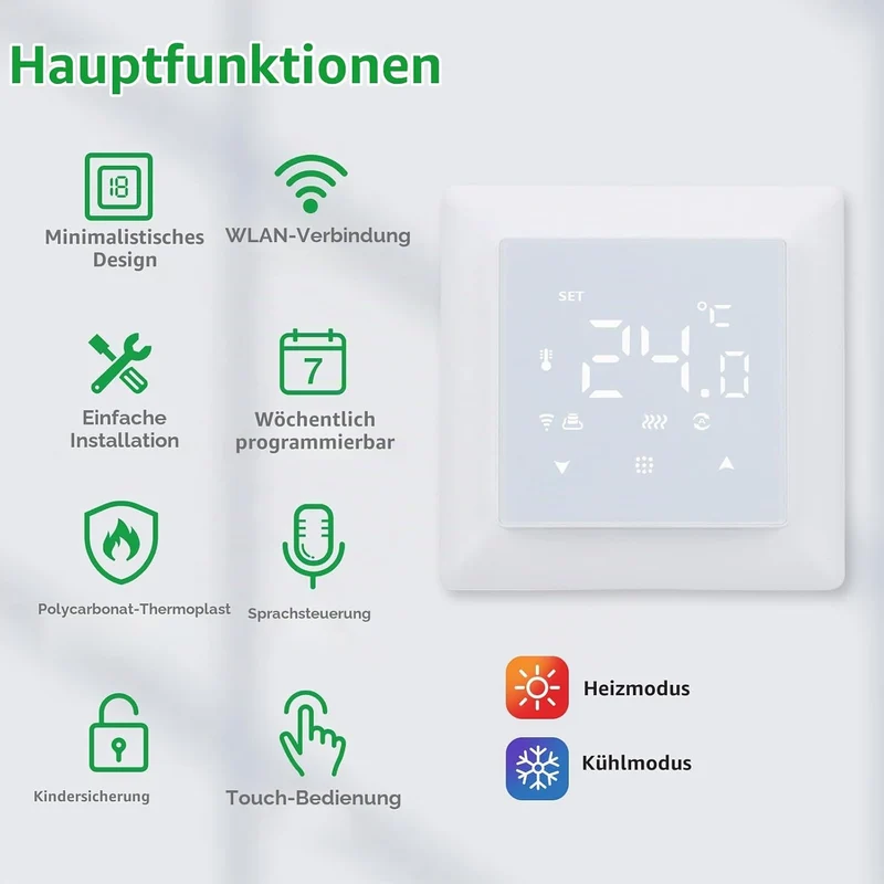 Wengart WLAN-gesteuerter Thermostat WG511,Heiz- und Kältemodi, einstellbare Fensteröffnungserkennung