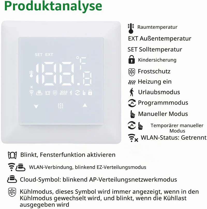 Wengart WLAN-gesteuerter Thermostat WG511,Heiz- und Kältemodi, einstellbare Fensteröffnungserkennung