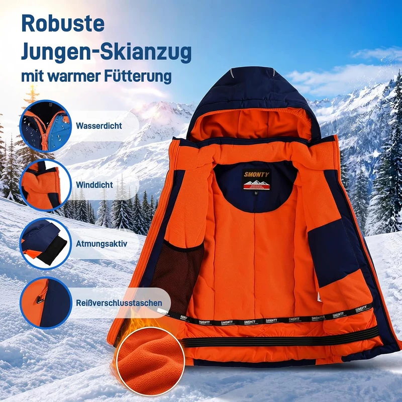 Kinder Schneeanzug für Jungen, Winter-Skijacke & Hose, Set Kapuzenriemen, Winddicht, Wasserdicht, Wa