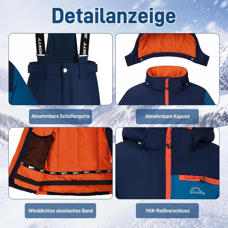 Kinder Schneeanzug für Jungen, Winter-Skijacke & Hose, Set Kapuzenriemen, Winddicht, Wasserdicht, Wa