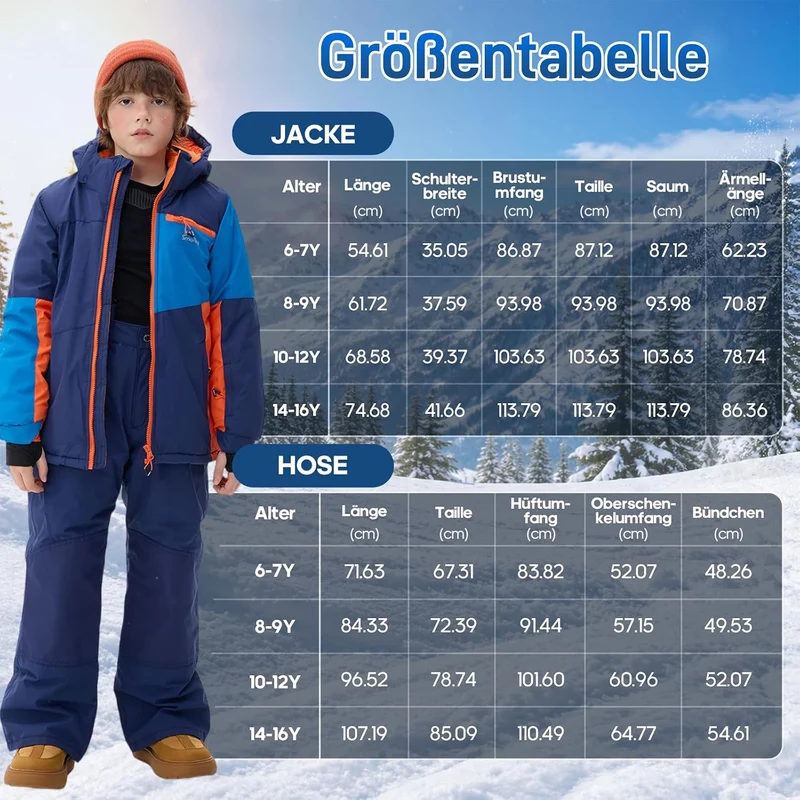 Kinder Schneeanzug für Jungen, Winter-Skijacke & Hose, Set Kapuzenriemen, Winddicht, Wasserdicht, Wa