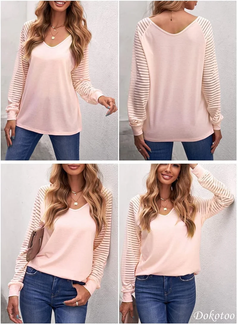 Dokotoo Damen Oberteile Streifen Mesh Langarmshirt Casual V-Ausschnitt Bluse Shirt Tops S-XXL S A Ro