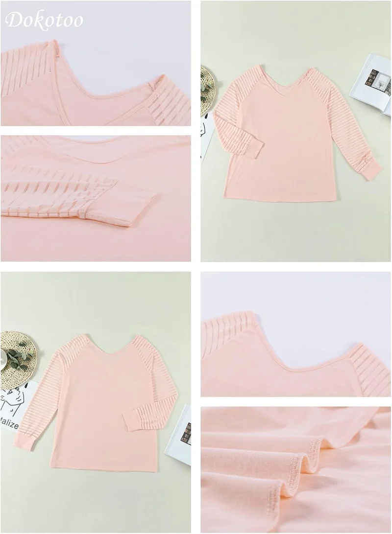 Dokotoo Damen Oberteile Streifen Mesh Langarmshirt Casual V-Ausschnitt Bluse Shirt Tops S-XXL S A Ro
