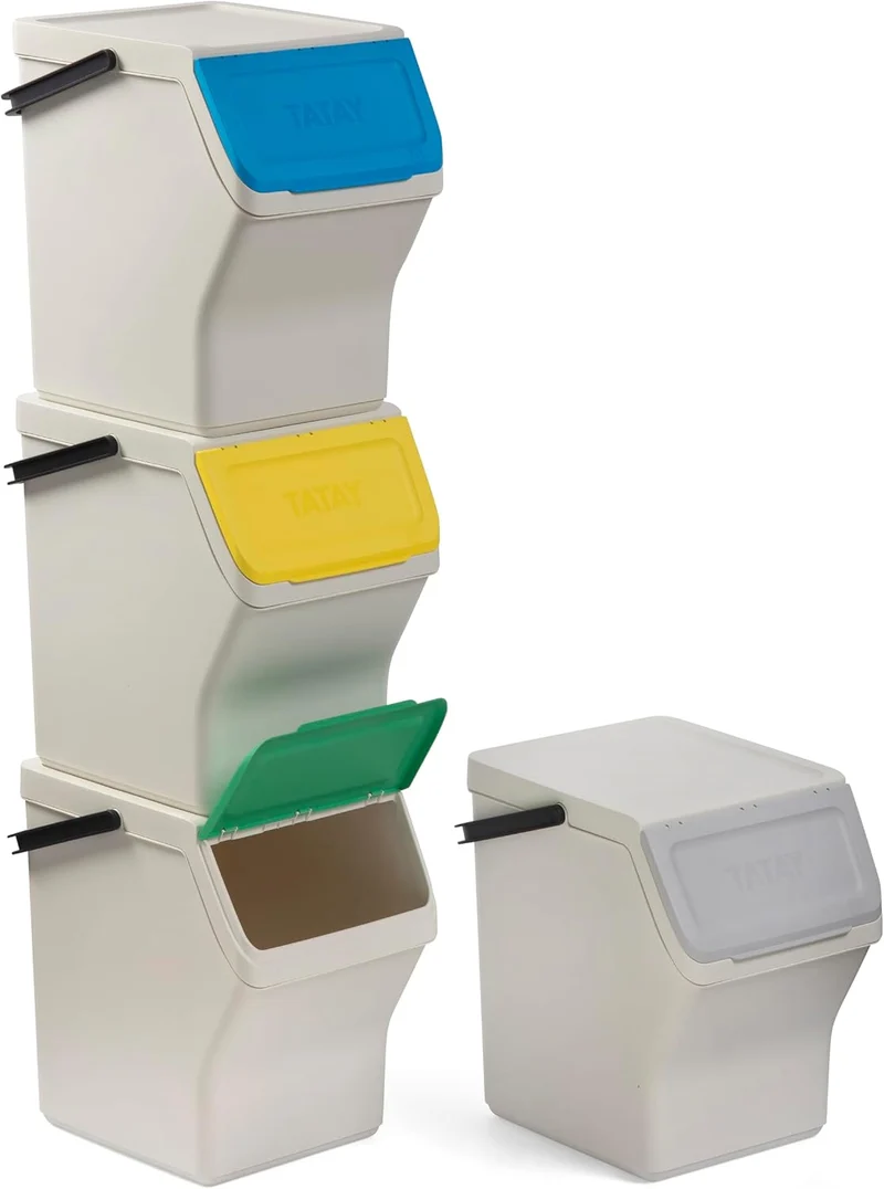 TATAY Mülltrennsystem Easy Waste 20L | 4er Set Recycling Behälter | Modular und Stapelbar | Deckel m