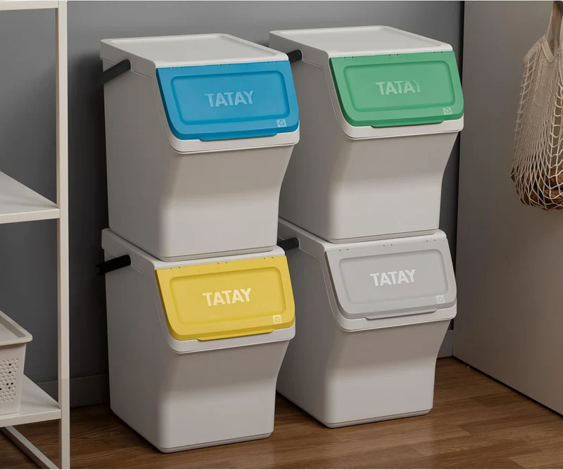 TATAY Mülltrennsystem Easy Waste 20L | 4er Set Recycling Behälter | Modular und Stapelbar | Deckel m