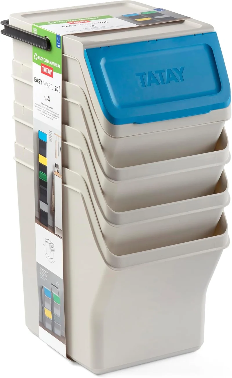 TATAY Mülltrennsystem Easy Waste 20L | 4er Set Recycling Behälter | Modular und Stapelbar | Deckel m