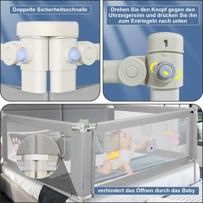 200CMx2+150CMx1 Rausfallschutz Bett, Bettgitter für Kinder, Höhenverstellbar 70-98 cm Rausfallschutz