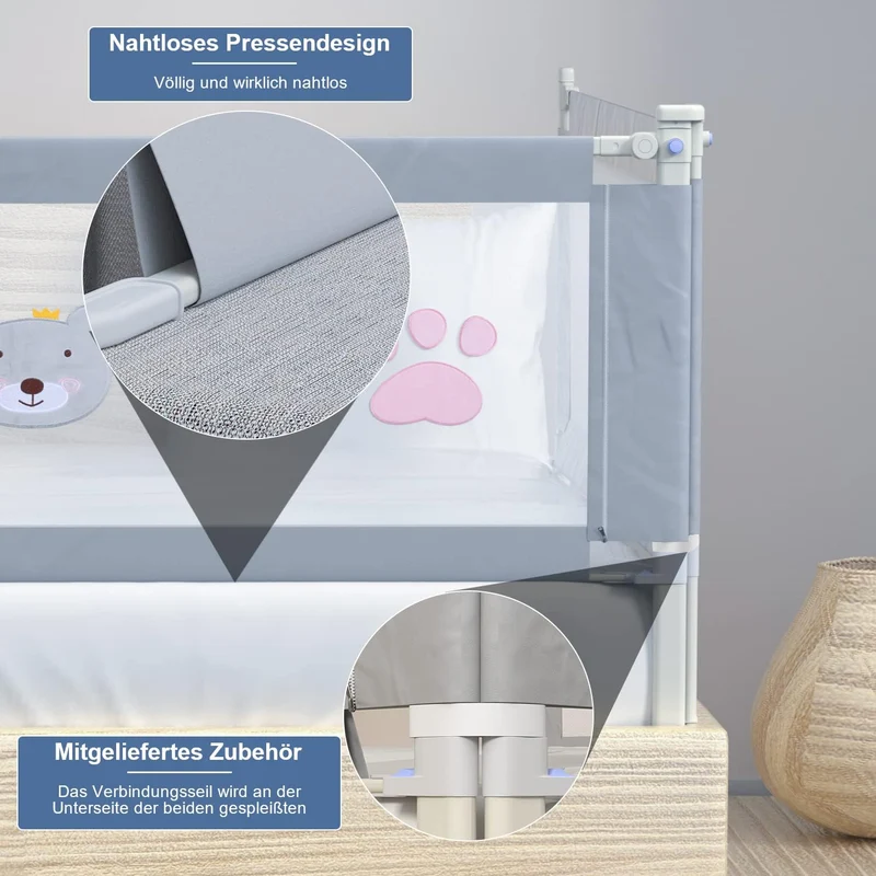 200CMx2+150CMx1 Rausfallschutz Bett, Bettgitter für Kinder, Höhenverstellbar 70-98 cm Rausfallschutz