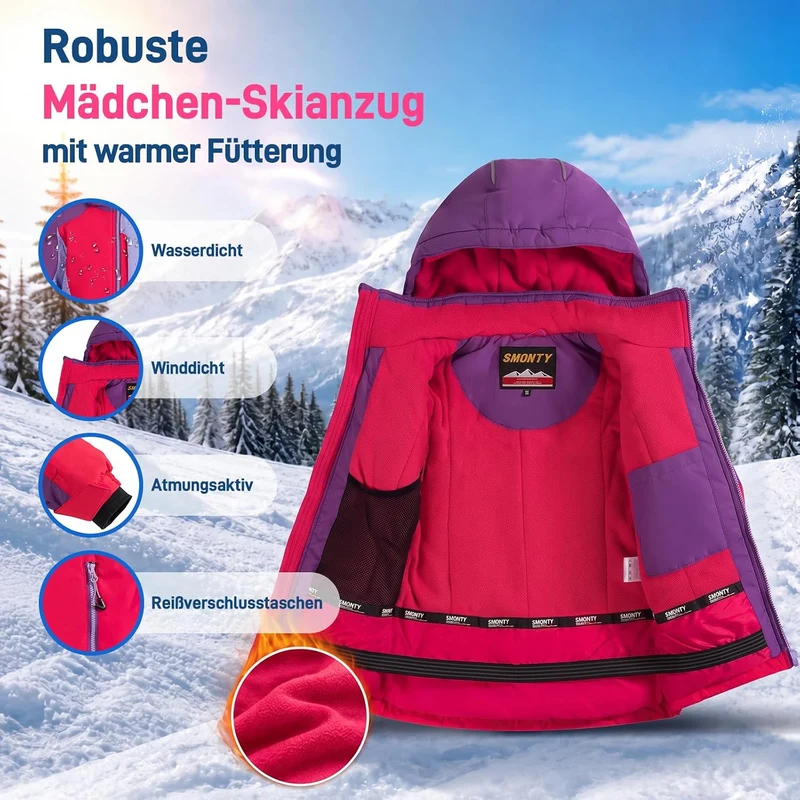 Kinder Schneeanzug für Mädchen Winter Skijacke & Hose Set Kapuzenträger Set Winddicht Wasserdicht Wa