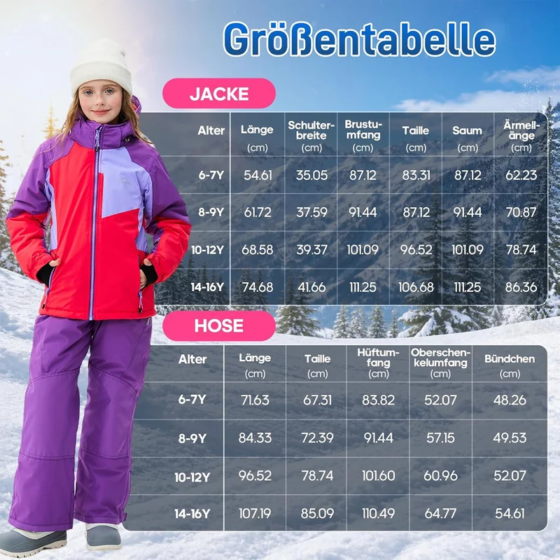 Kinder Schneeanzug für Mädchen Winter Skijacke & Hose Set Kapuzenträger Set Winddicht Wasserdicht Wa