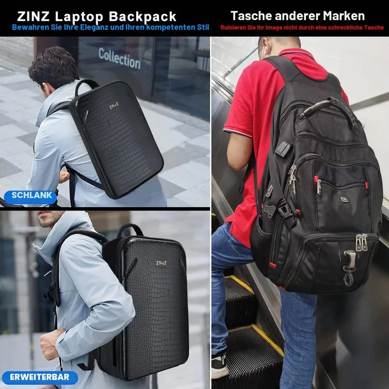 ZINZ Schlanker Laptop Rucksack 15,6 Zoll mit Variabler Kapazität, Diebstahlsicherer Business Tagesru