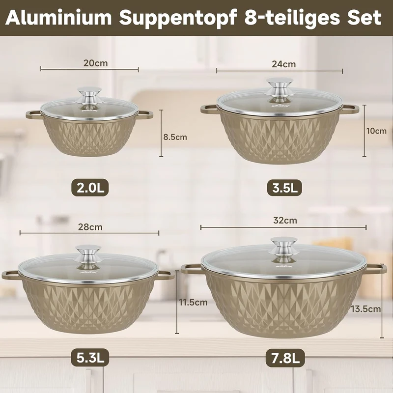 HOMELUX Topfset Induktion 8-teilig, 20/24/28/32cm Kochtopf Set mit Antihaftbeschichtet, Kochtöpfe In