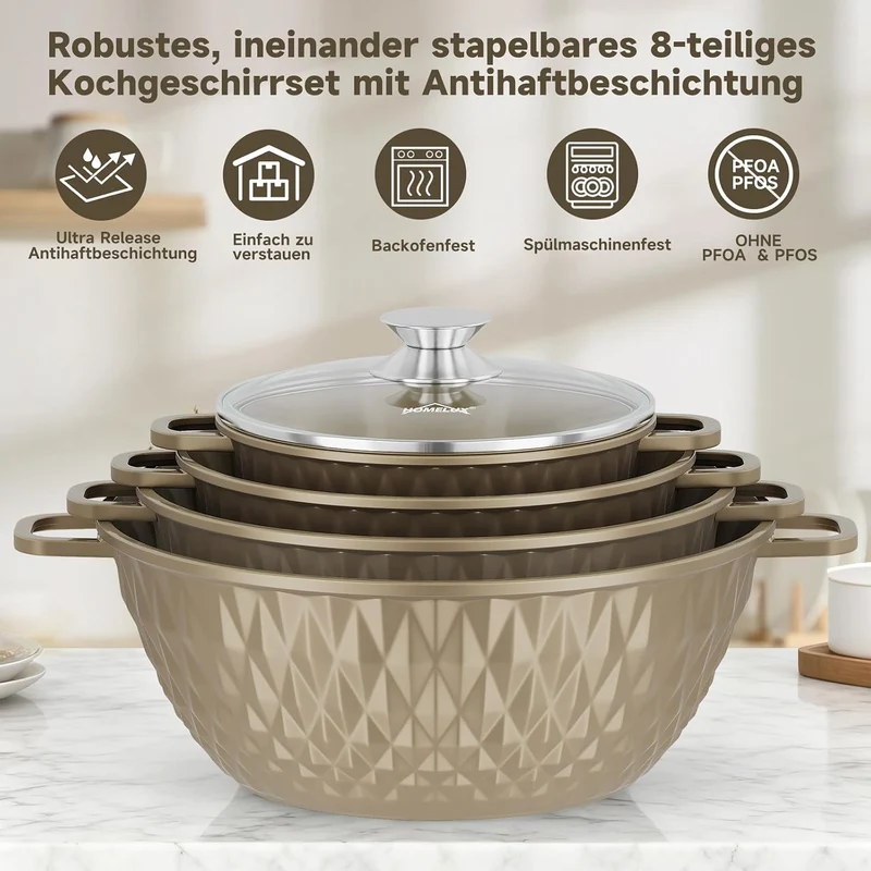 HOMELUX Topfset Induktion 8-teilig, 20/24/28/32cm Kochtopf Set mit Antihaftbeschichtet, Kochtöpfe In