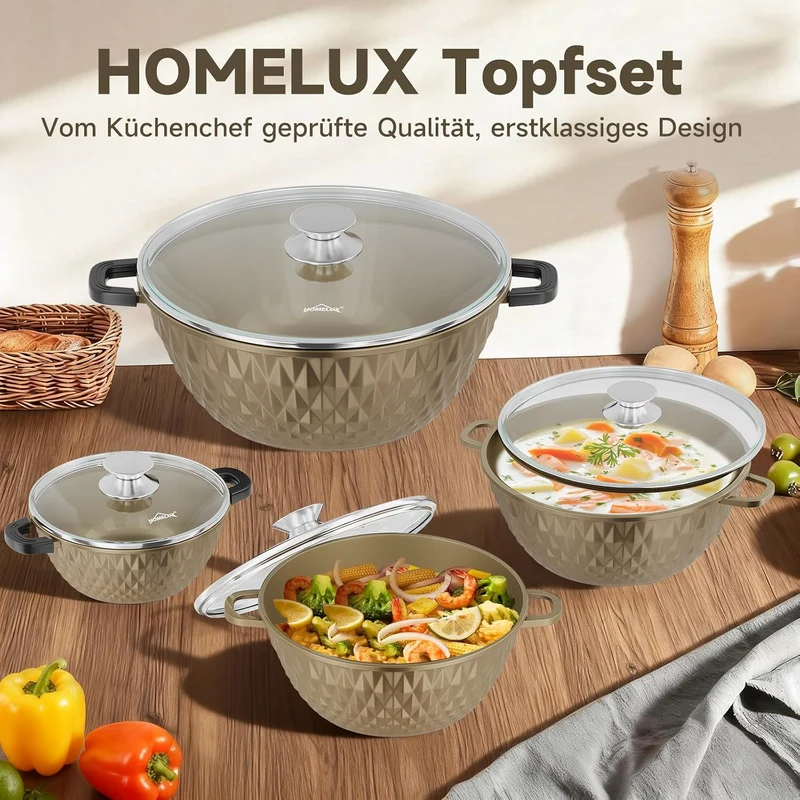HOMELUX Topfset Induktion 8-teilig, 20/24/28/32cm Kochtopf Set mit Antihaftbeschichtet, Kochtöpfe In