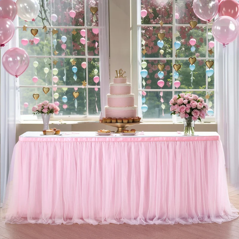 Suppromo 1,8 m rosa Tüll-Tischrock Babyparty-Tischdecke für rechteckige Tische oder runde Tische ros