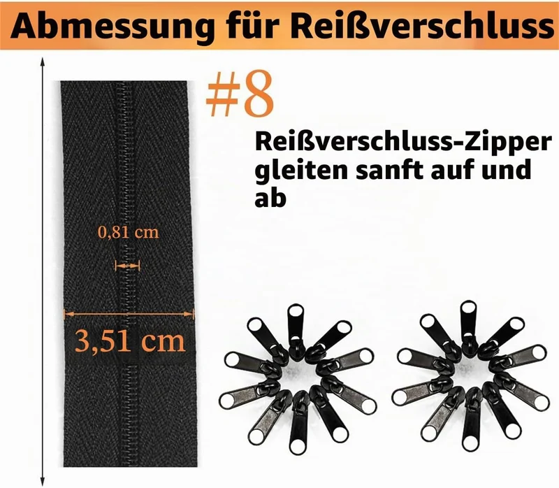 Amykite Endlosreissverschluss mit Zipper schwarz,8mm 10m Reissverschluss Meterware mit 20 Metall Sch