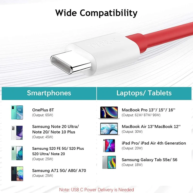 OnePlus 8T Ladekabel Warp Charge 65, COOYA 65W USB C auf Kabel kompatibel für MacBook Air Pro 13 Zol