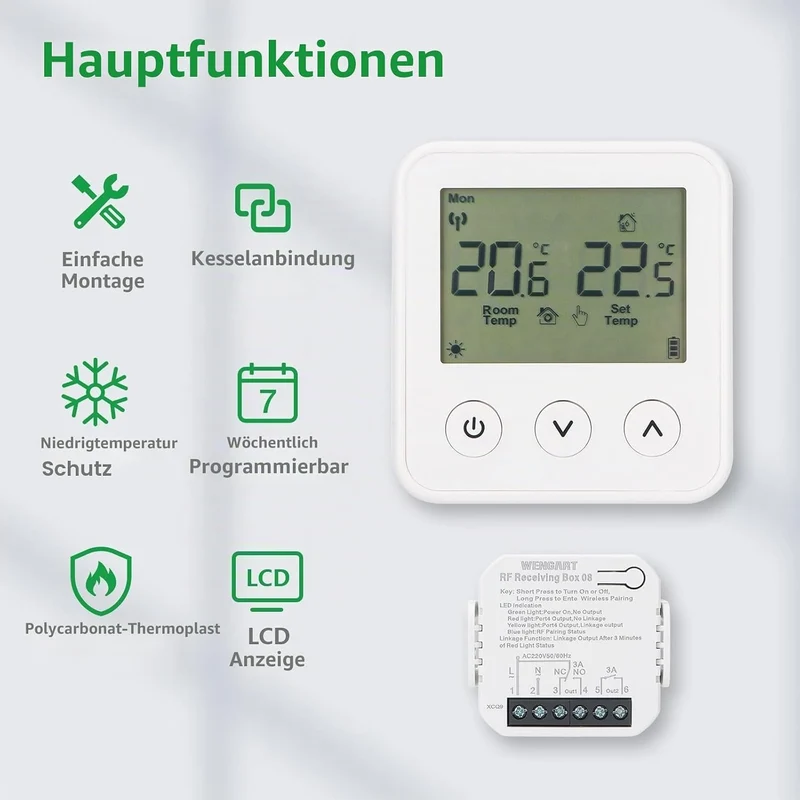Wengart Wireless Thermostat & Empfänger WG01RF, Programmierbares LCD-Display Arbeiten für Strahlende