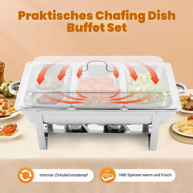 9L 3 Grid Profi Chafing Dish Speisewärmer Wärmebehälter Satz Speisenwärmer Edelstahl Warmhaltebehält