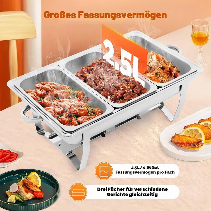 9L 3 Grid Profi Chafing Dish Speisewärmer Wärmebehälter Satz Speisenwärmer Edelstahl Warmhaltebehält