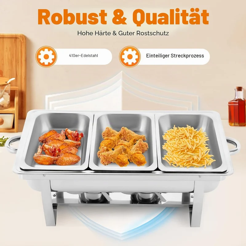 9L 3 Grid Profi Chafing Dish Speisewärmer Wärmebehälter Satz Speisenwärmer Edelstahl Warmhaltebehält