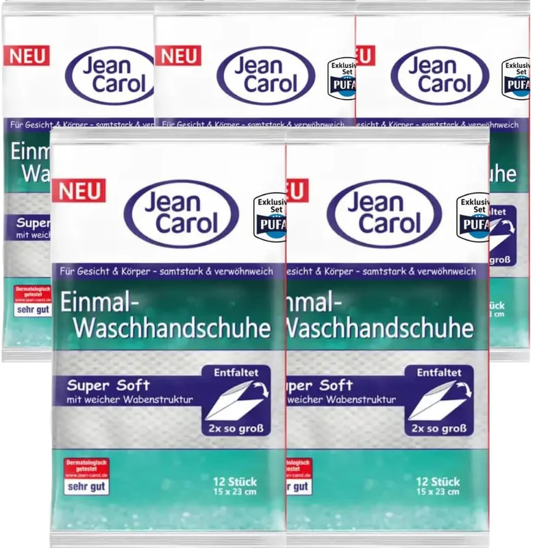 Jean Carol Einmal-Waschhandschuhe – 12 Stück, 5er Pack | Weich, hygienisch & hautfreundlich | Für Pf