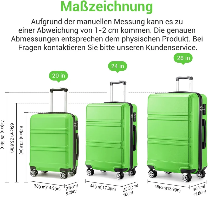 KONO Koffer Trolley Reisekoffer aus ABS+PC – Leichter Hartschalenkoffer mit 4 Zwillingsrollen und TS