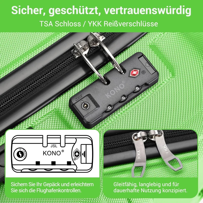KONO Koffer Trolley Reisekoffer aus ABS+PC – Leichter Hartschalenkoffer mit 4 Zwillingsrollen und TS