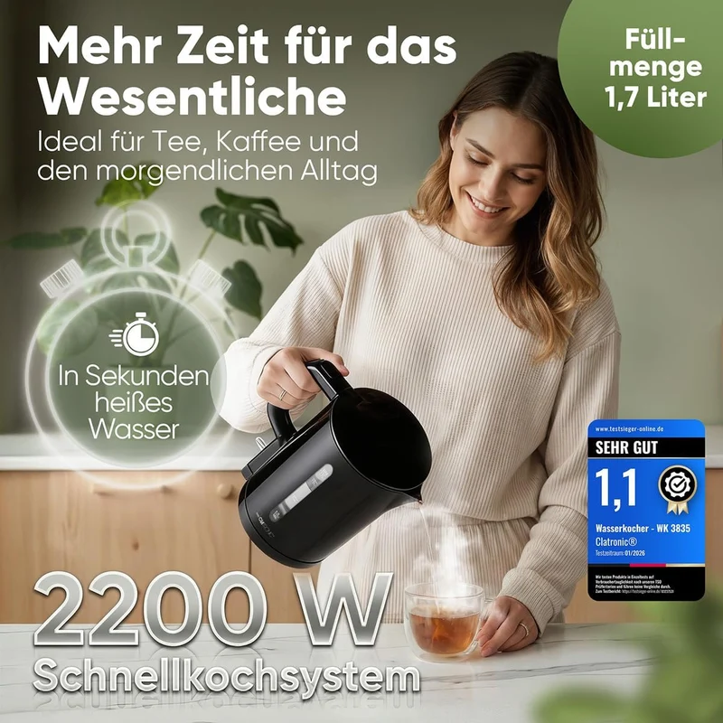 Clatronic® Wasserkocher 1,7L | 2200W für schnelles Erhitzen | BPA frei | Einhandbedienung | Wasserst