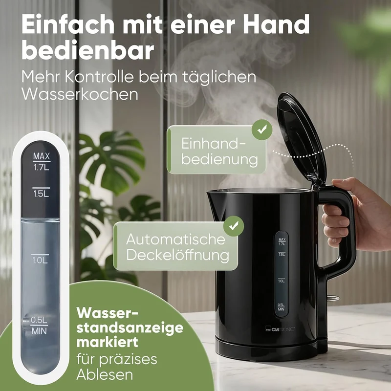 Clatronic® Wasserkocher 1,7L | 2200W für schnelles Erhitzen | BPA frei | Einhandbedienung | Wasserst