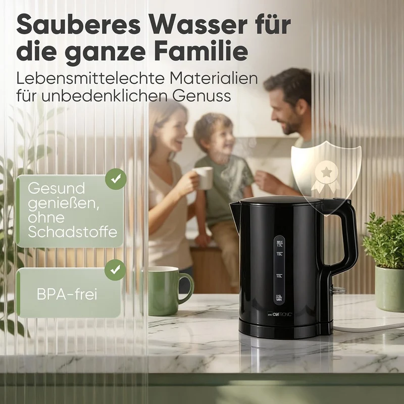 Clatronic® Wasserkocher 1,7L | 2200W für schnelles Erhitzen | BPA frei | Einhandbedienung | Wasserst