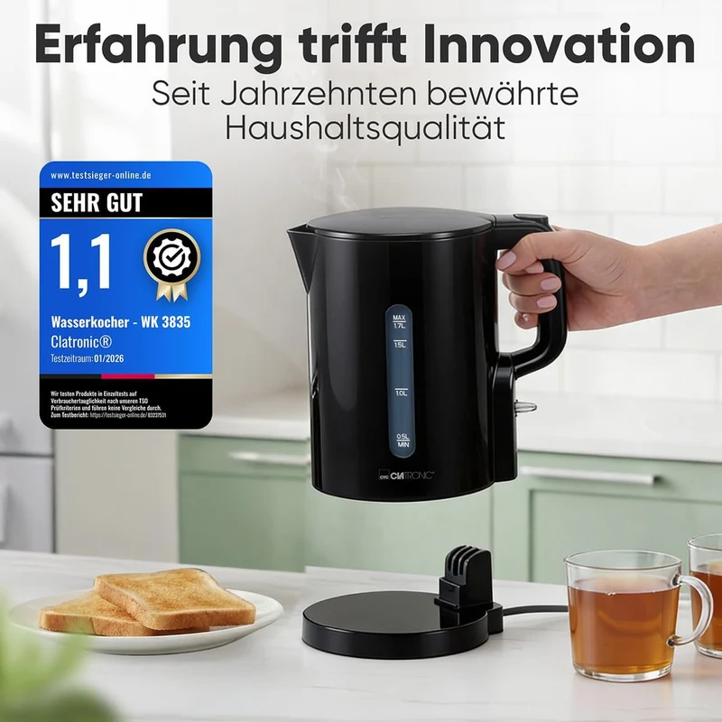 Clatronic® Wasserkocher 1,7L | 2200W für schnelles Erhitzen | BPA frei | Einhandbedienung | Wasserst