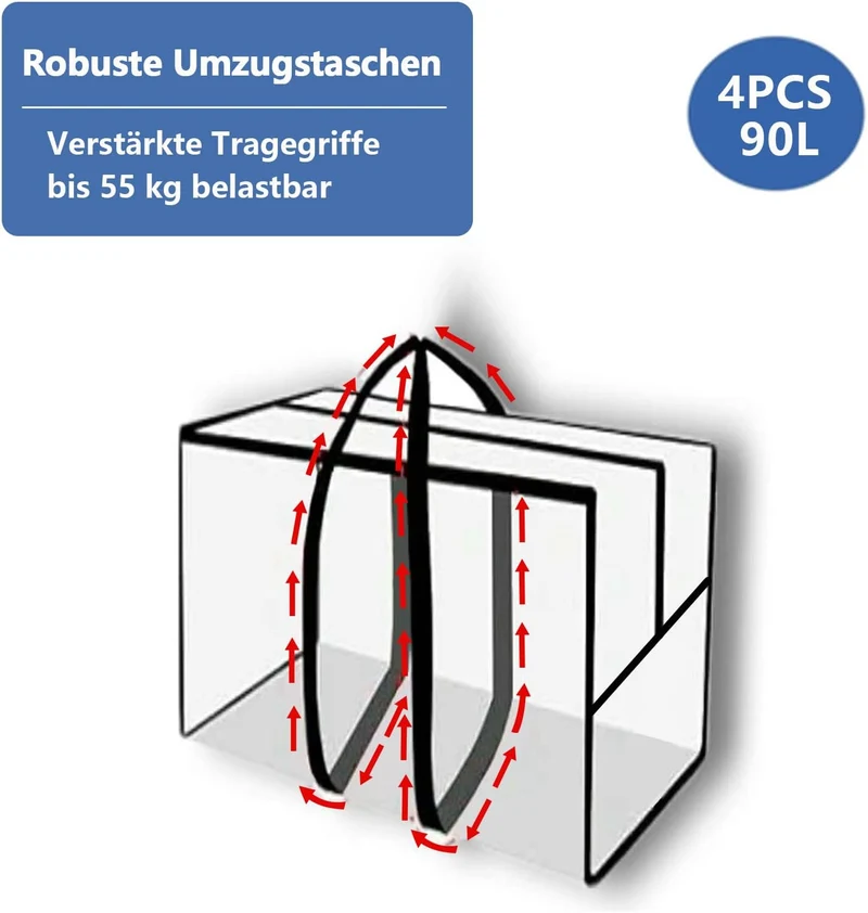 4 Stück 90L extra grosse Umzugstaschen – robuste, wasserdichte Aufbewahrungstaschen aus Oxford-Geweb