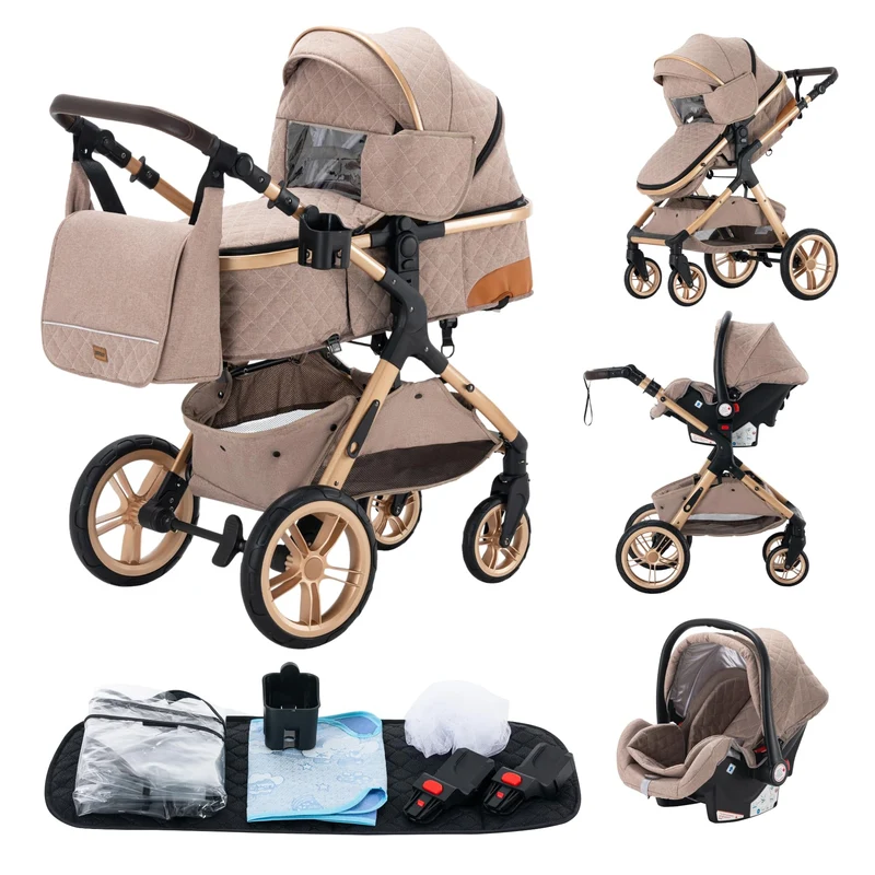 GLOKID Kinderwagen 3 in 1,Reisesysteme, Babywanne Buggy,Voll-Gummireifen,Mit Einem Klick Zusammenkla
