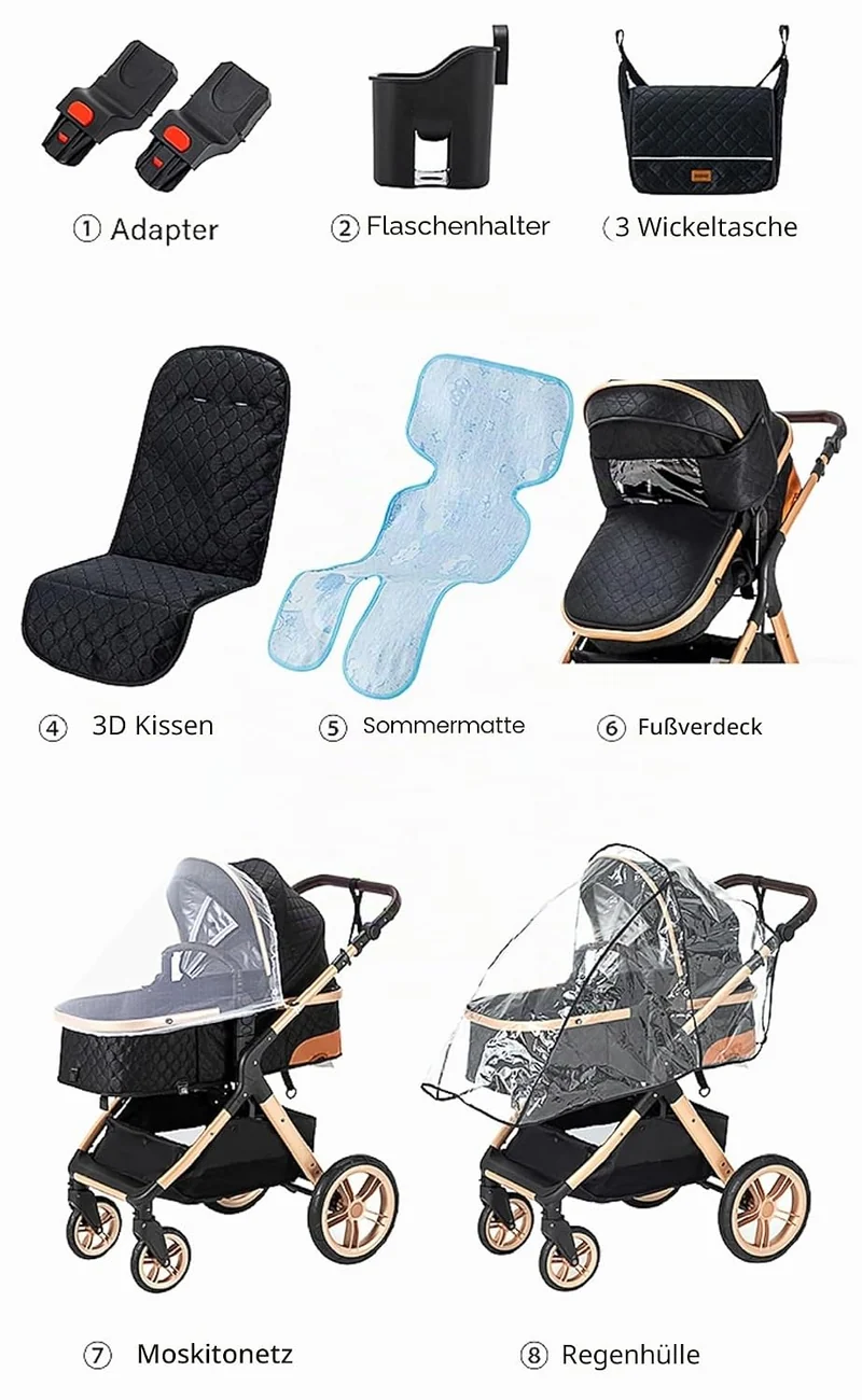 GLOKID Kinderwagen 3 in 1,Reisesysteme, Babywanne Buggy,Voll-Gummireifen,Mit Einem Klick Zusammenkla