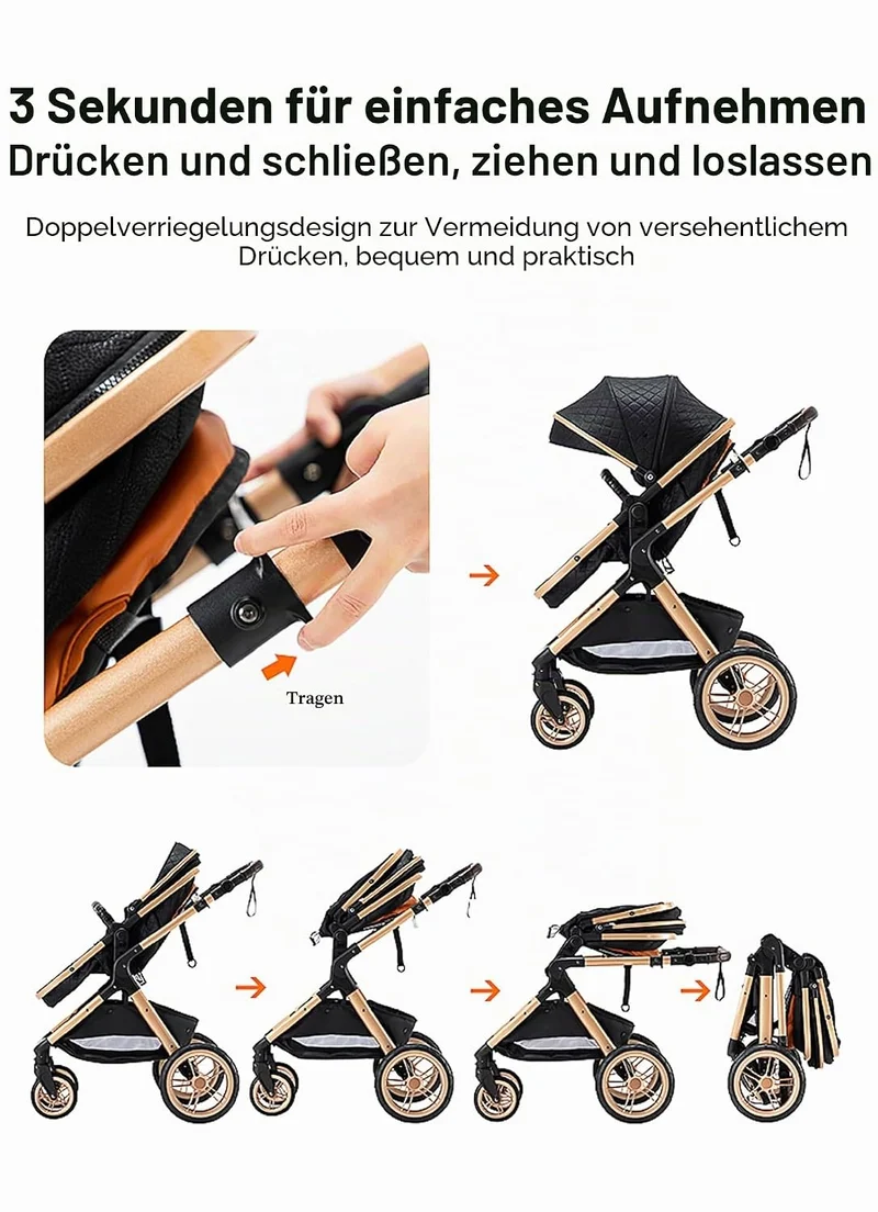 GLOKID Kinderwagen 3 in 1,Reisesysteme, Babywanne Buggy,Voll-Gummireifen,Mit Einem Klick Zusammenkla