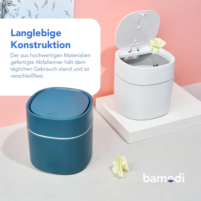 Bamodi Mini Mülltonnen 2L – Weisser Tischmülleimer mit Deckel für Snacks, Kosmetik, Küchenabfälle –