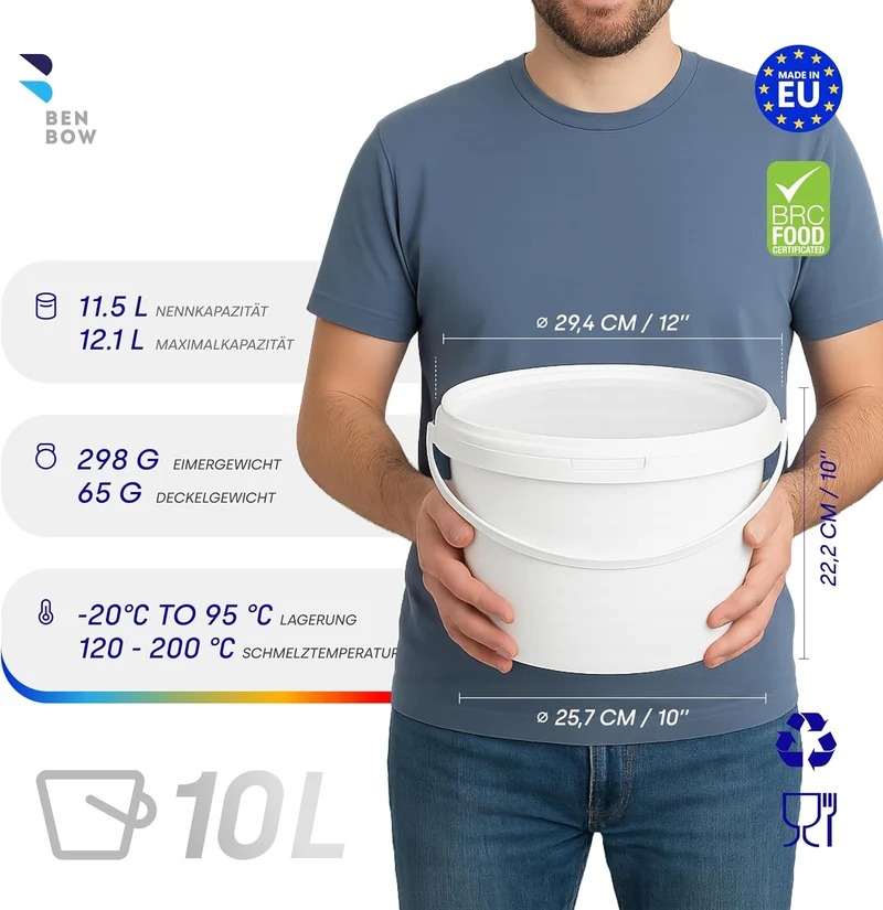 BenBow Eimer mit Deckel 10l Weiss 100x 10 Liter - lebensmittelecht, stabil, luftdicht, auslaufsicher