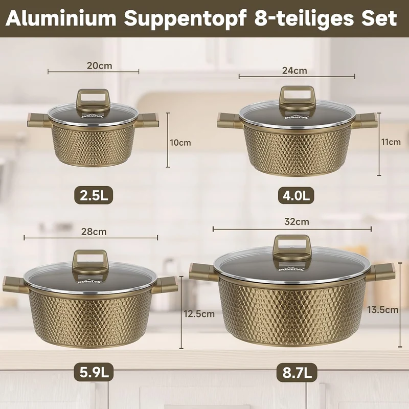 HOMELUX Topfset Induktion 8-teilig, 20/24/28/32cm Kochtopf Set mit Antihaftbeschichtet, Kochtöpfe In