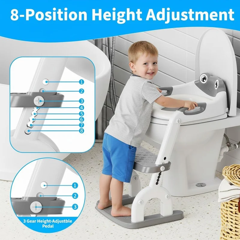 Toilettensitz Kinder mit Treppe – 8-fach Höhenverstellbar & Extra Breites Trittbrett – Rutschfester