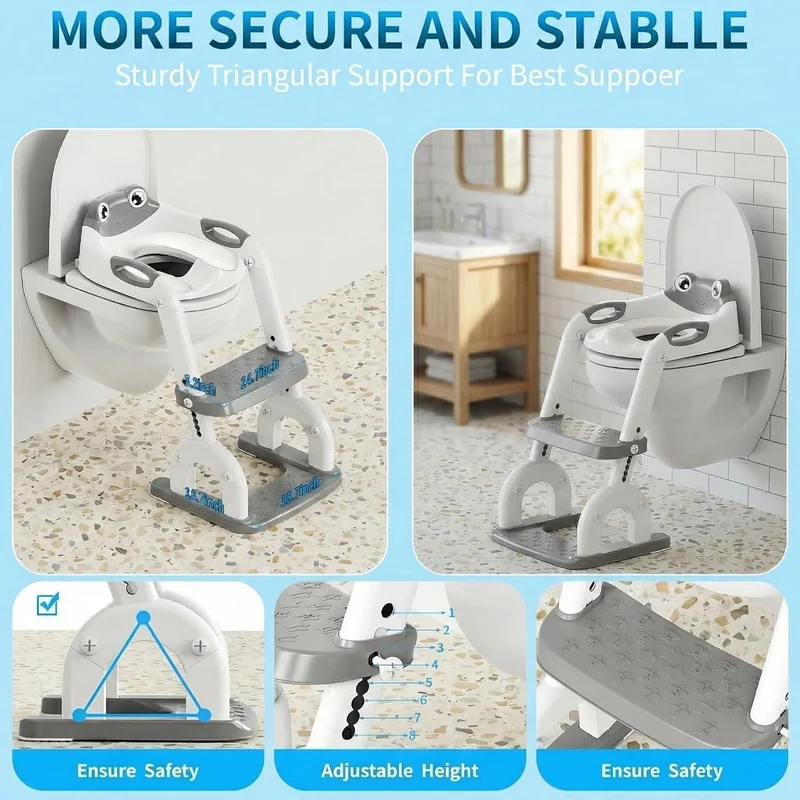 Toilettensitz Kinder mit Treppe – 8-fach Höhenverstellbar & Extra Breites Trittbrett – Rutschfester